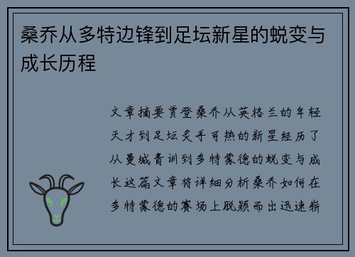 桑乔从多特边锋到足坛新星的蜕变与成长历程 桑乔从多特边锋到足坛新星的蜕变与成长历程