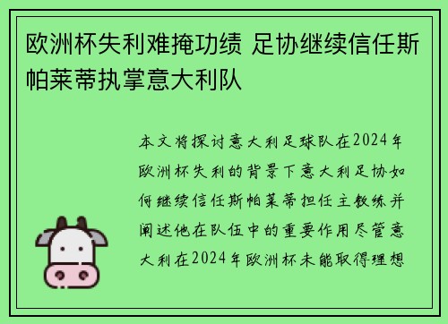 欧洲杯失利难掩功绩 足协继续信任斯帕莱蒂执掌意大利队 欧洲杯失利难掩功绩 足协继续信任斯帕莱蒂执掌意大利队